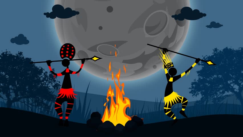 Seamless Animation of Tribal Folk Dance By Tribal People Near Fire