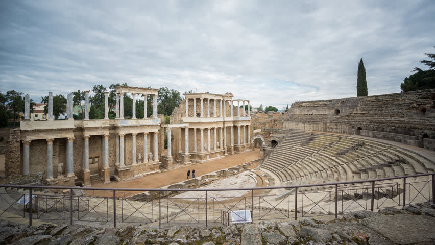 Wide angle time lapse of Roman Theatre in Merida, Spain