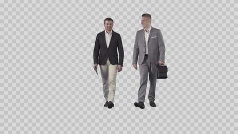 Two men in business clothes are going together at the camera. Camera is static. Lens 85 mm. Footage with alpha channel. File format - .mov, codec PNG+Alpha