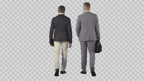 Two businessman are walking from the camera and talking each other. Camera is static. Lens 85 mm. Footage with alpha channel. File format - .mov, codec PNG+Alpha