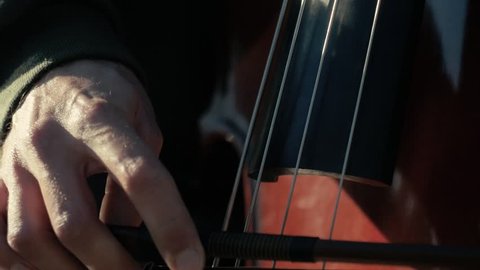 Tight shot of an upright (double) bass being bowed at 60 fps
