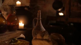 Mysterious medieval castle kitchen interior in 4K UHD video.