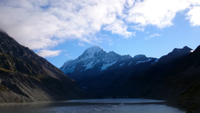 Spectacular View Of Hooker Glacier Terminal Lake And Aoraki Mount Cook At Mount Cook National Park, New Zealand. Icebergs Drifting Past From The Glacier