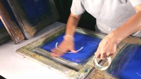 Screen print with Blue ink make preparation silk screen before print 
