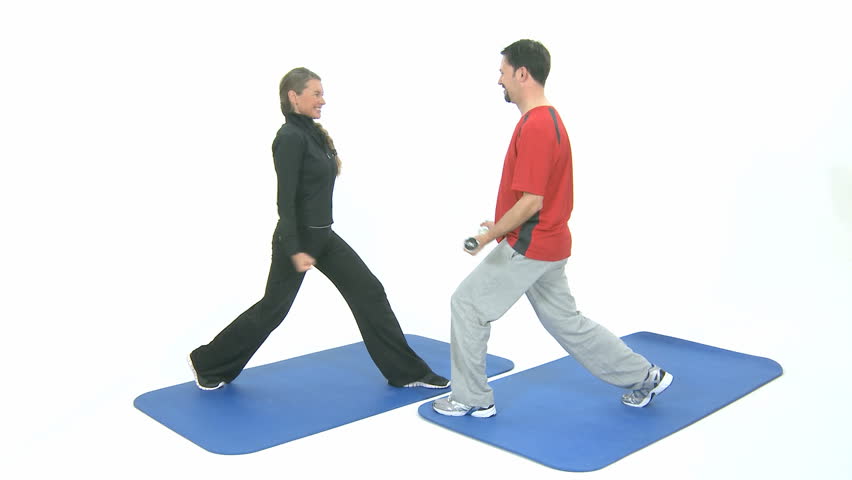 Sport exercise with barbells on a blue mat