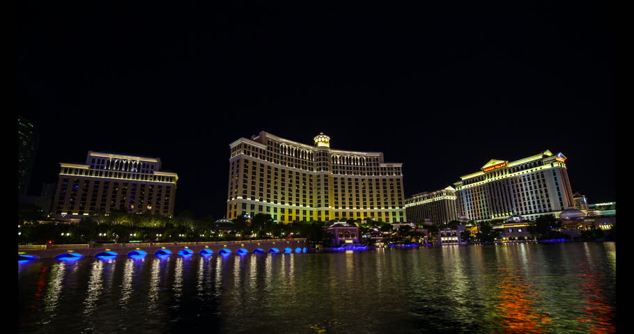 Las Vegas, Nevada, USA - famous fountain in front of the Bellagio Resort & Casino and Caesars Palace on the right site (long version) - Timelapse without motion - August 2013 | Shutterstock HD Video #17421658