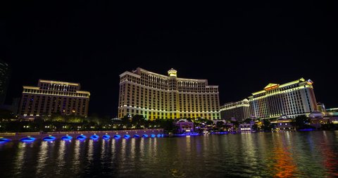 Las Vegas, Nevada, USA - famous fountain in front of the Bellagio Resort & Casino and Caesars Palace on the right site - Timelapse without motion