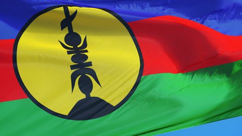 New Caledonia flag waving in slow motion against clean blue sky seamlessly looped, close up, isolated on alpha channel with black and white luminance matte, perfect for film, news, digital composition