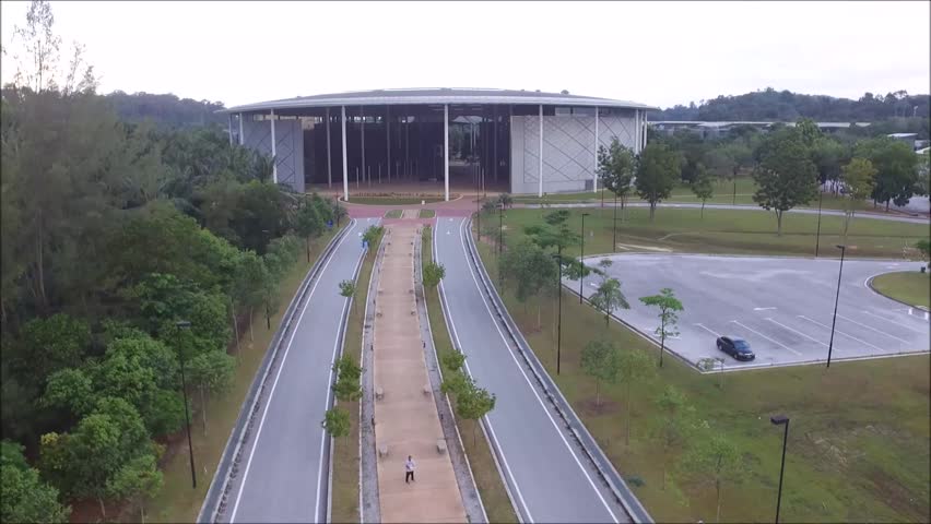 Aerial footage of a beautiful hall in Universiti Teknologi Petronas, located in northern Malaysia.