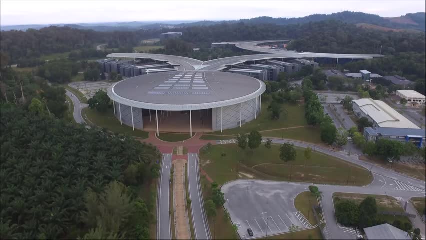 Aerial footage of a beautiful hall in Universiti Teknologi Petronas, located in northern Malaysia.