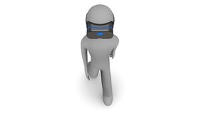 3d man walking in a virtual reality headset on white and transparent background. Loop.