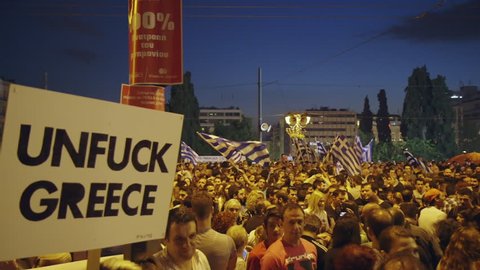 Editorial:June 25 2015 Greece rally/protest,Athens Parliament,referendum,grexit 2015.People demonstrate against austerity and the European referendum/memorandum imposed by troika/institutions