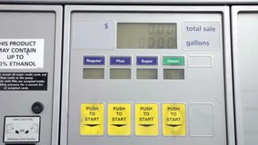 Gas station fuel pump with sales, gallons and different quality of fuels, fast motion to one hundred dollars sale. Dollar counter up to a bill of one hundred dollars. - Powered by Shutterstock - Get 15% off with code: PIKWIZARD15