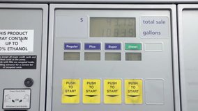 Gas station fuel pump with sales, gallons and different quality of fuels. Dollar counter up to a bill of fifty dollars. - Powered by Shutterstock - Get 15% off with code: PIKWIZARD15