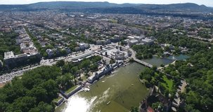 Drone footage shows aerial views of a castle and the boating lake in the VÃ¡rosliget, the biggest public park in Budapest, Hungary.
