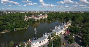 Drone footage shows aerial views of a castle and the boating lake in the VÃ¡rosliget, the biggest public park in Budapest, Hungary.