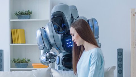 Pleasant woman talking with the robot