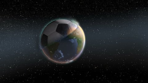 Soccer TV show opener - ball revealing from approaching planet Earth. In dark space. Stock Video