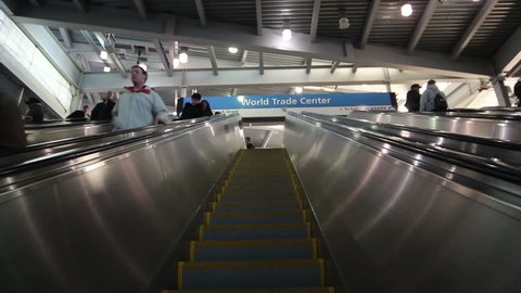 NEW YORK - DEC 2: Commuters ride the long escalator at New York's World Trade Center subway station on December 2, 2011 in New York.