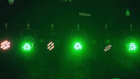 Illuminated empty concert stage with green and yellow light and stage fog, RAW video record.