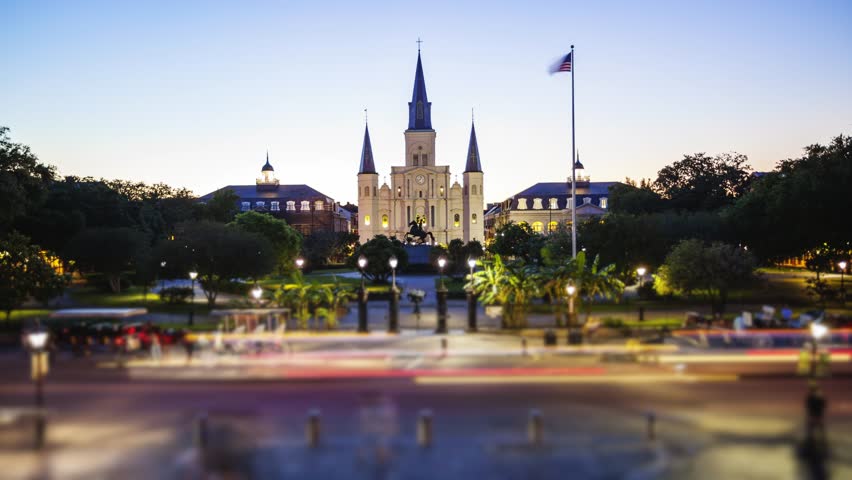 Jackson Square in New Orleans French Quarter at Night in Louisiana - Time Lapse