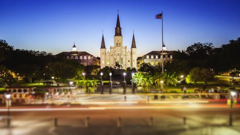 Jackson Square in New Orleans French Quarter at Night in Louisiana - Time Lapse