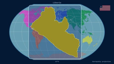 Zoomed-in view of a Liberia outline with perspective lines against a global map of continents in the Kavrayskiy VII projection