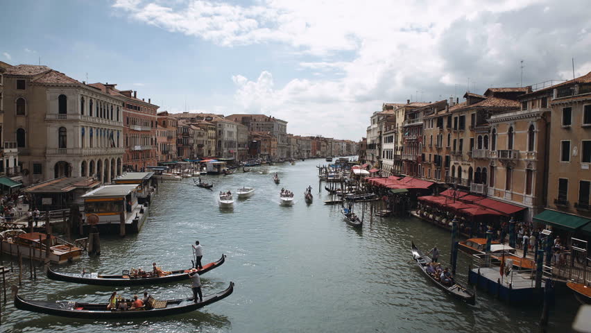 A view of the Grand Canal from the Rialto Bridge in Venice, Italy