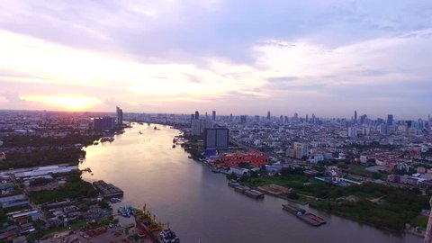 aerial view of bhumiphol bridge crossing chaopraya river important landmark and traffic and land transportation in bangkok thailand