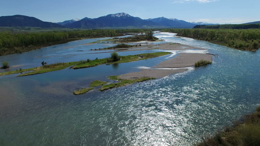 Flying view looking up stream of the Snake River in Swan Valley Idaho
