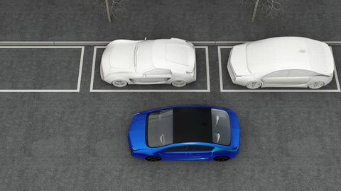 Blue electric car driving into parking lot navigated with parking assist system. 3D rendering animation.