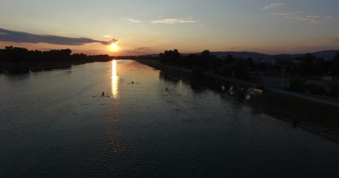 Aerial view of rowing boats on Jarun lake at sunset