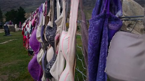 Hundreds of Bra or Woman Underwear Hung On A Fence At Place Called "Bradona" near Cardona, Otago, New Zealand on April 20, 2016. Bradona is setup to promote breast cancer awareness.