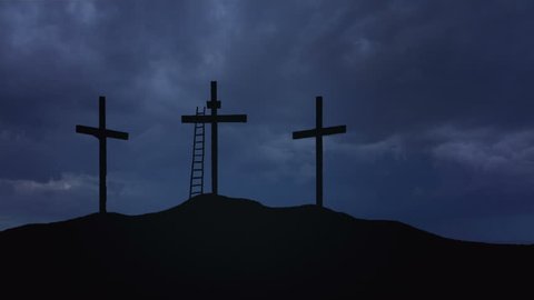 Calvary hill with cloudy sky and lightning. Loop.