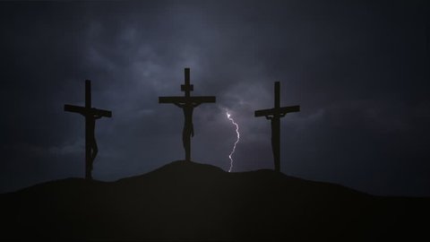 Calvary hill with cloudy sky and lightning.