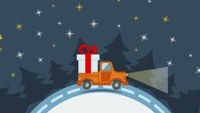 Delivery flat transport truck, van with gift box pack in xmas eve. Delivery service van, delivery truck, gift box. Wedding box, birthday box. Product goods shipping transport 4K HD video flat footage