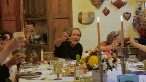 A large group of seniors toast each other at a dinner party or passover seder