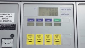 Gas station fuel pump with sales, gallons and different quality of fuels. Dollar counter up to a bill of one hundred dollars. - Powered by Shutterstock - Get 15% off with code: PIKWIZARD15