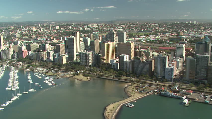 Aerial of Durban city and marina 