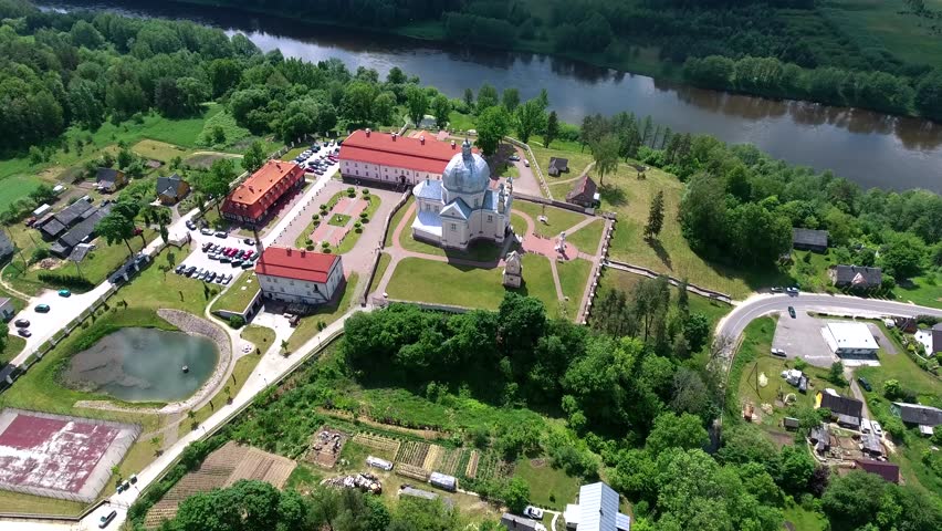 aerial view of old monastery near river