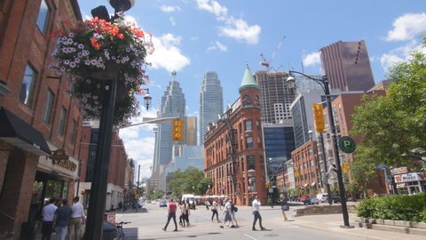 TORONTO, CANADA on June 22nd: Church and Front streets in Toronto, Canada on June 22, 2016. The red-brick Gooderham building is a historic landmark of Toronto, Ontario, Canada.
