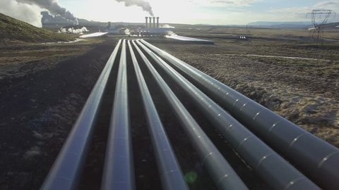 Aerial video of a geothermal power plant in Iceland producing electricity for the city of Reykjavik 