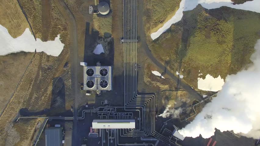 Aerial video of a geothermal power plant in Iceland producing electricity for the city of Reykjavik 