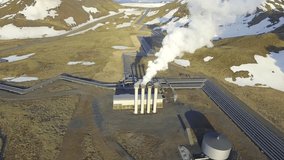 Aerial video of a geothermal power plant in Iceland producing electricity for the city of Reykjavik 