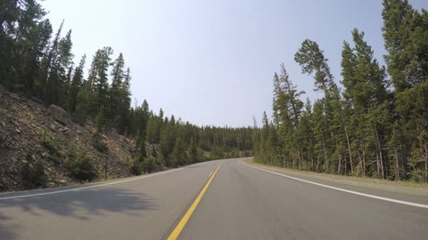 Car driving through alpine forest on Mount Evans-POV point of view.