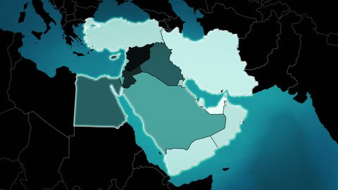 Highly detail map of the Middle East region, showing the countries, airports and routes. Blue.