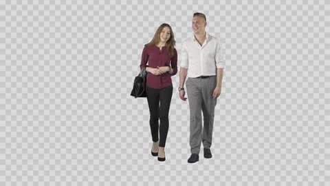 Handsome blond male and beautiful girl are slowly strolling at the camera. Camera is static. Lens 85 mm. Footage with alpha channel. File format - .mov, codec PNG+Alpha