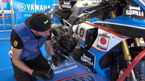 MOSCOW - JUNE 5:  Racing bike is prepared for the Race Cup Moscow Region Governor on June 5, 2016 in Moscow Raceway