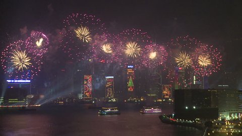 HONG KONG - CIRCA JANUARY 2010: Chinese New Year fireworks display over Hong Kong's Victoria Harbor circa January 2010.