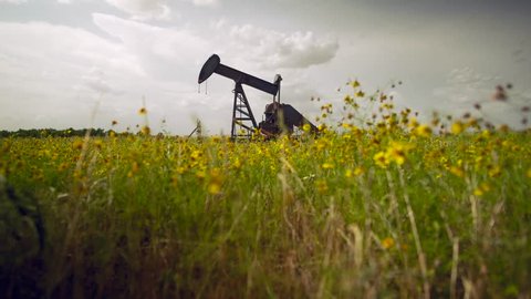 Abandoned oil well situated in a field of yellow flowers.  The camera jibs up to see the entire well location. 
